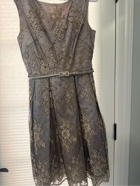 Eliza J Embroidered Floral Fit-and-Flare Dress in Taupe